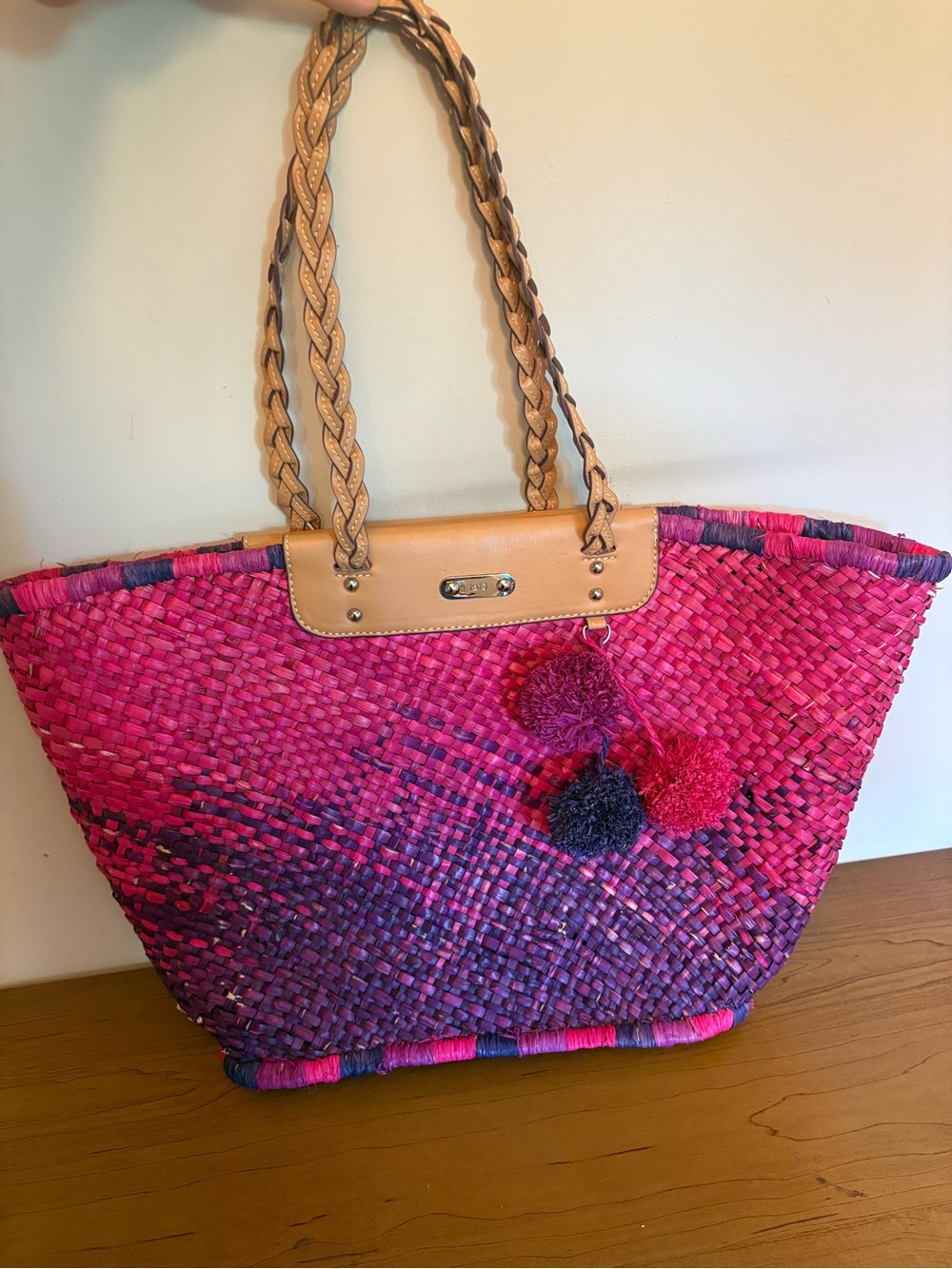 Rafe New York large Braided-Handle Pink & Purple Woven Tote with Pom Accents
